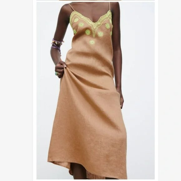 NWT Zara Embroidered Linen Slip Midi Dress size S - Picture 9 of 13